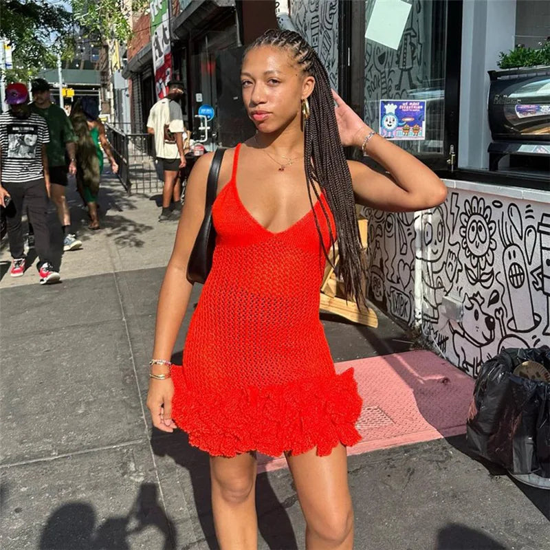 Knit Hipster See Through Pleated Hem Deep v-Neck Backless Sleeveless Clubwear Mini Dress Mssaz Desses