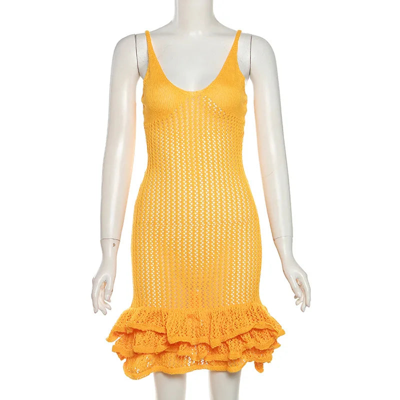 Knit Hipster See Through Pleated Hem Deep v-Neck Backless Sleeveless Clubwear Mini Dress Mssaz Desses