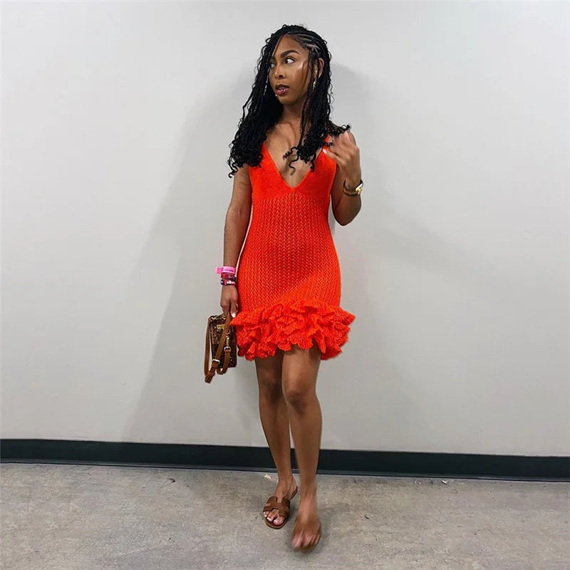 Knit Hipster See Through Pleated Hem Deep v-Neck Backless Sleeveless Clubwear Mini Dress Mssaz Desses