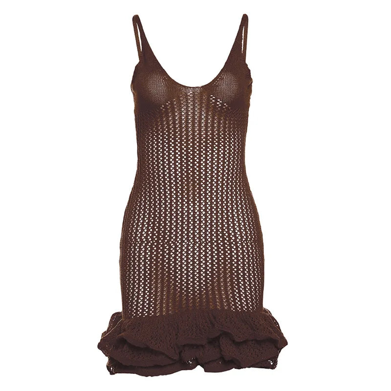 Knit Hipster See Through Pleated Hem Deep v-Neck Backless Sleeveless Clubwear Mini Dress Mssaz Desses