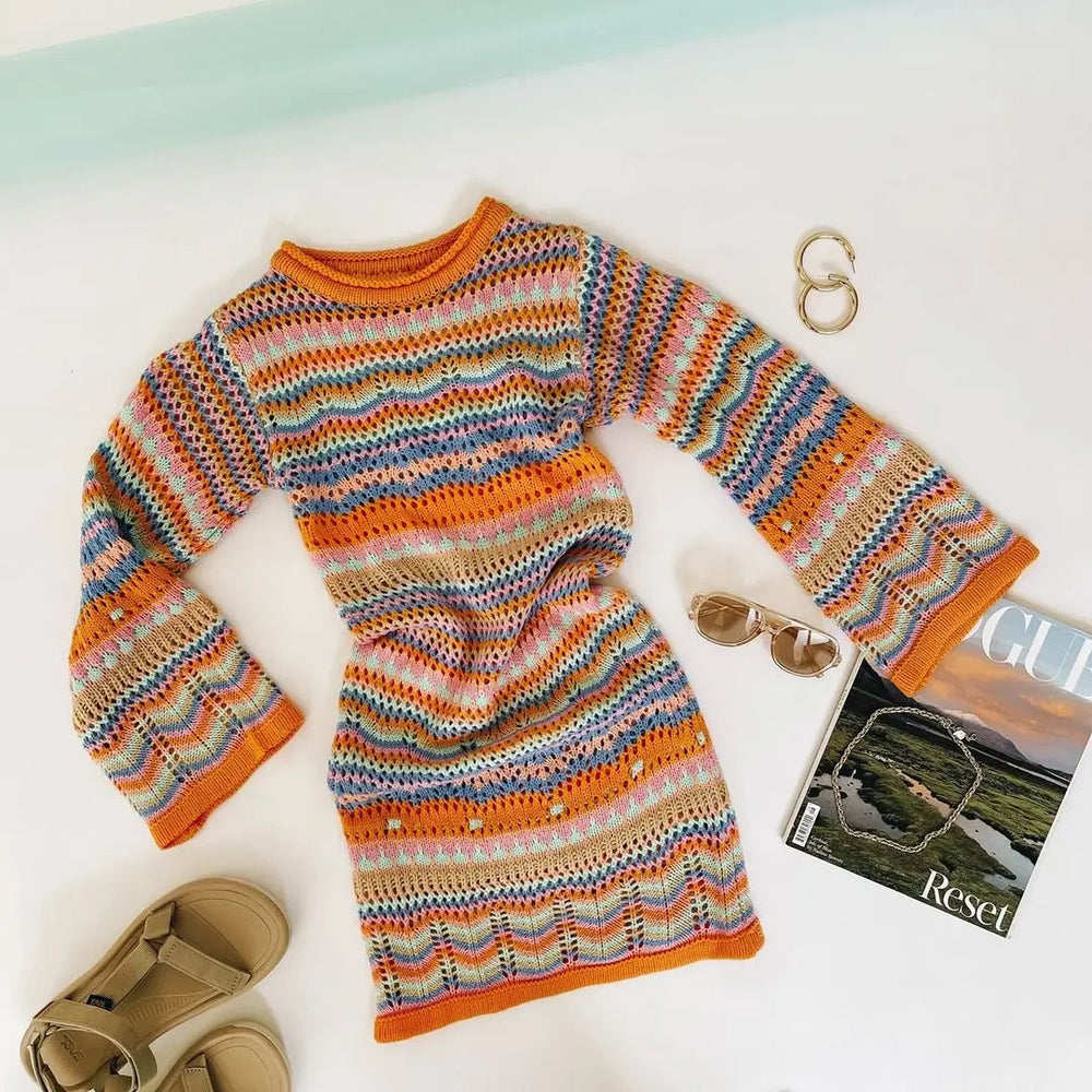 Knitted Sleeve Midi Pullover Autumn Winter Print Panelled Hollow Out Streetwear Top Mssaz Desses