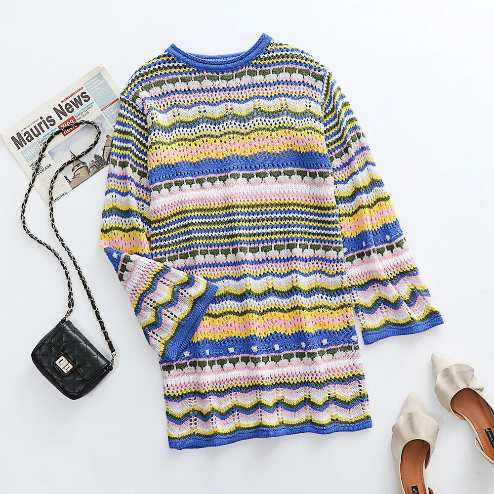 Knitted Sleeve Midi Pullover Autumn Winter Print Panelled Hollow Out Streetwear Top Mssaz Desses