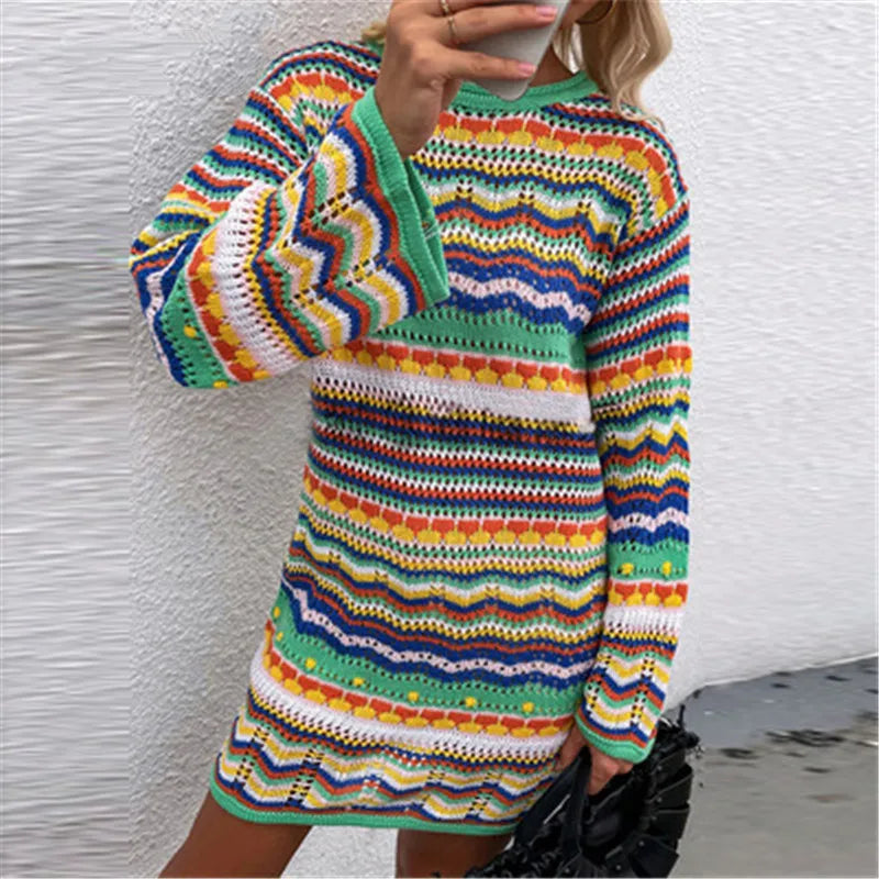 Knitted Sleeve Midi Pullover Autumn Winter Print Panelled Hollow Out Streetwear Top Mssaz Desses