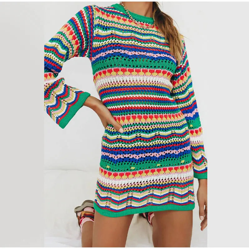 Knitted Sleeve Midi Pullover Autumn Winter Print Panelled Hollow Out Streetwear Top Mssaz Desses