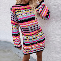 Knitted Sleeve Midi Pullover Autumn Winter Print Panelled Hollow Out Streetwear Top Mssaz Desses