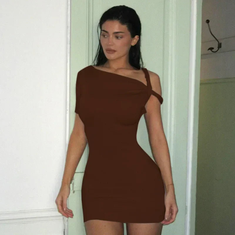 Off-Shoulder Bandage  One-Shoulder Slim Patchwork Y2K Female Mini Dress Mssaz Desses