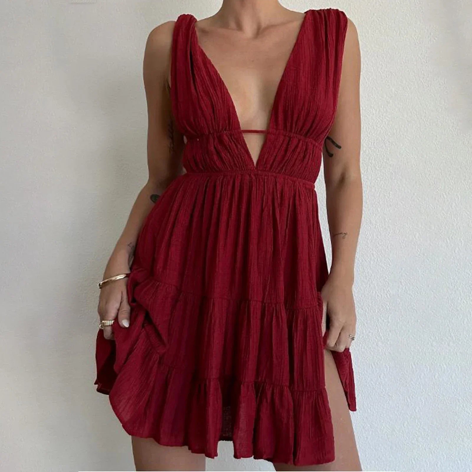 Formal Prom Gowns Evening Party Tank Sleeveless Deep V-Neck Solid Cut Out Dress Mssaz Desses