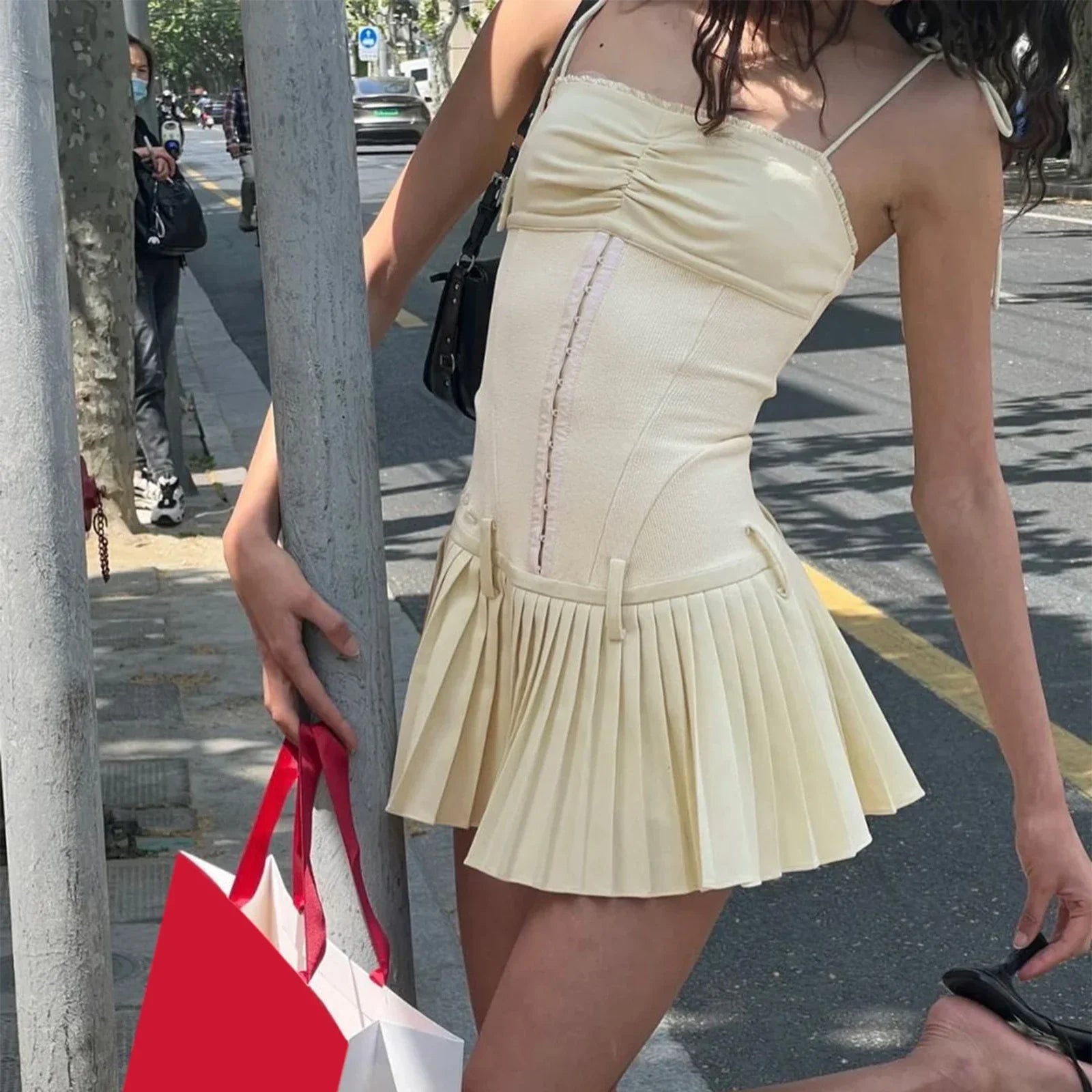 Spaghetti Strap Pleated Fairycore Sleeveless White Party Mini Dress Mssaz Desses