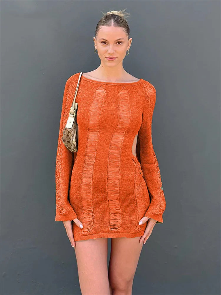 Knitted Bodycon Hollow Out Long Sleeve Beach See Through Striped Party Mini Dress Mssaz Desses