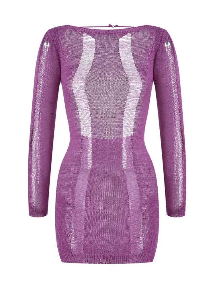 Knitted Bodycon Hollow Out Long Sleeve Beach See Through Striped Party Mini Dress Mssaz Desses