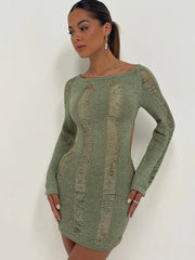 Knitted Bodycon Hollow Out Long Sleeve Beach See Through Striped Party Mini Dress Mssaz Desses