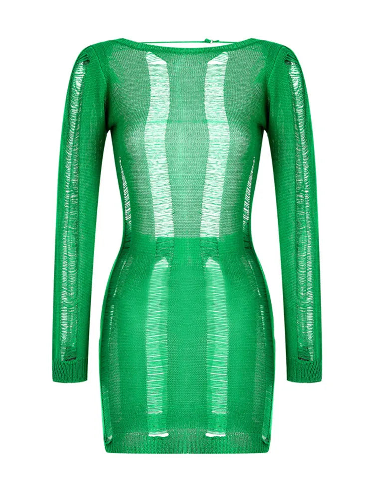 Knitted Bodycon Hollow Out Long Sleeve Beach See Through Striped Party Mini Dress Mssaz Desses