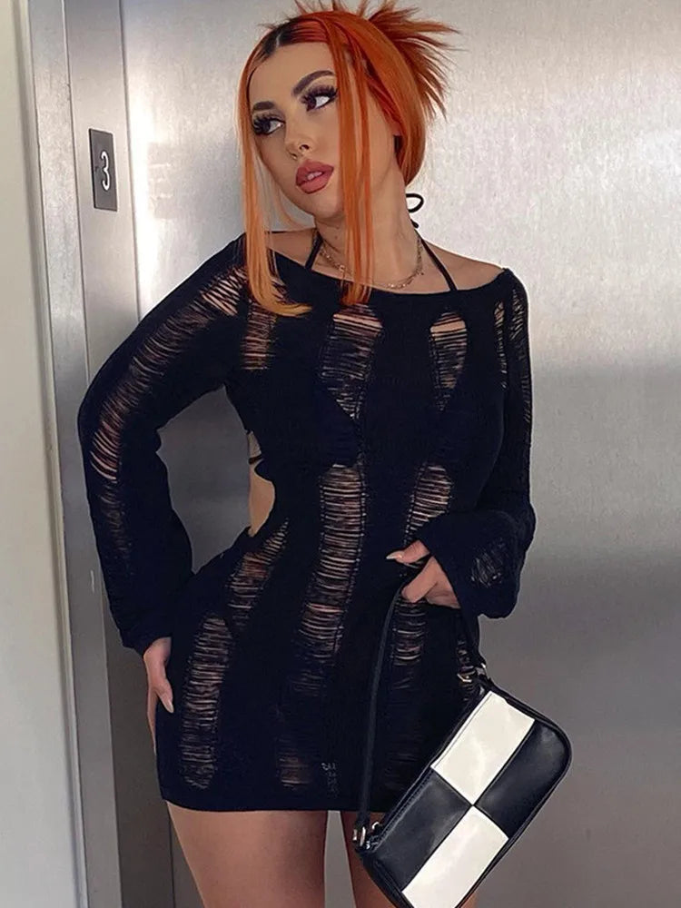 Knitted Bodycon Hollow Out Long Sleeve Beach See Through Striped Party Mini Dress Mssaz Desses