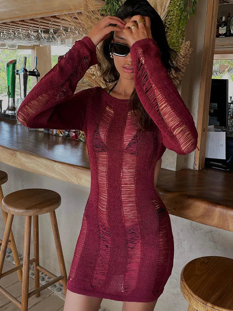 Knitted Bodycon Hollow Out Long Sleeve Beach See Through Striped Party Mini Dress Mssaz Desses