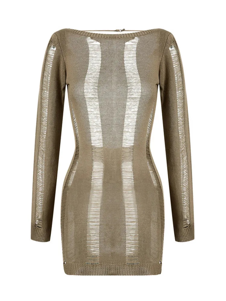 Knitted Bodycon Hollow Out Long Sleeve Beach See Through Striped Party Mini Dress Mssaz Desses