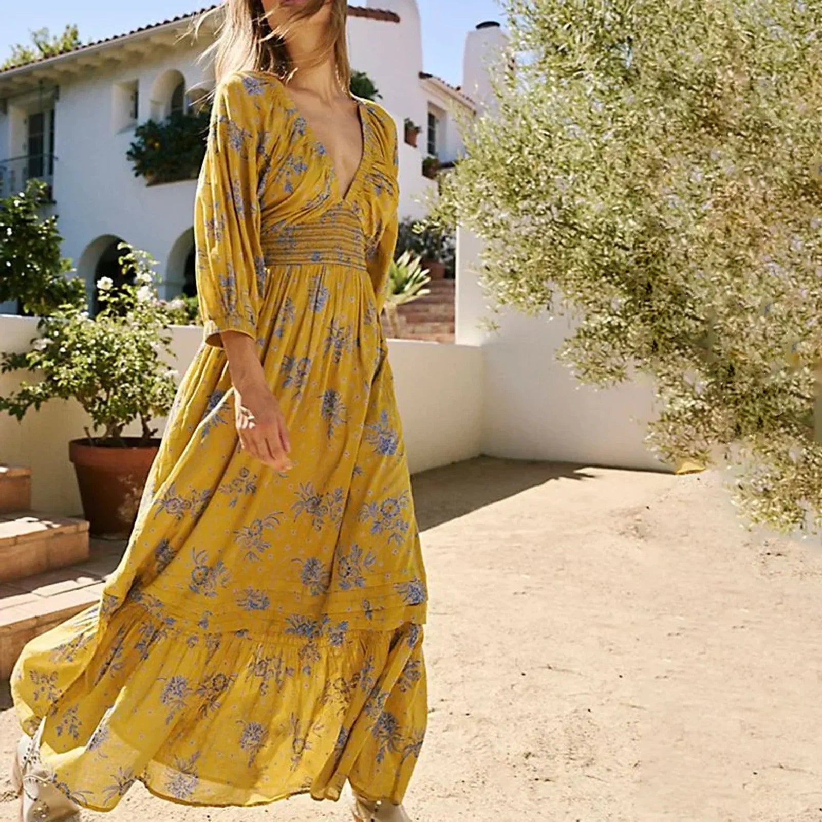 Chiffon Tiered Swing Deep V Neck Puff Sleeve Boho Dress Mssaz Desses