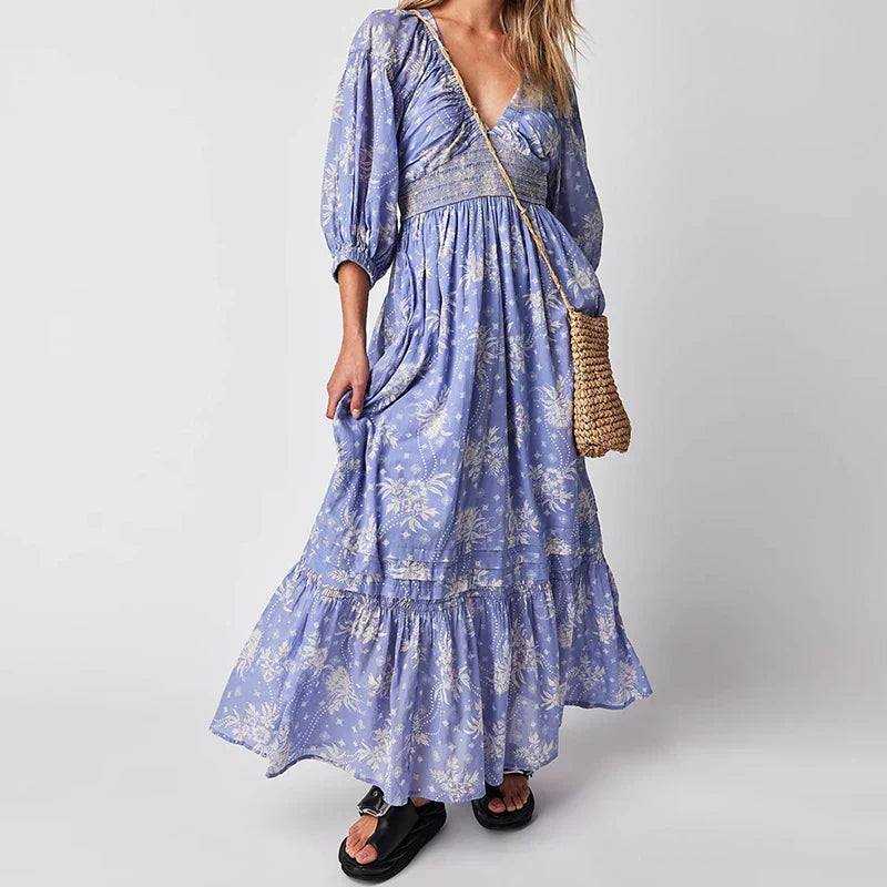 Chiffon Tiered Swing Deep V Neck Puff Sleeve Boho Dress Mssaz Desses