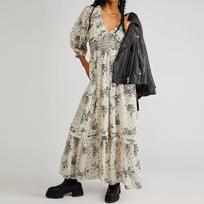 Chiffon Tiered Swing Deep V Neck Puff Sleeve Boho Dress Mssaz Desses