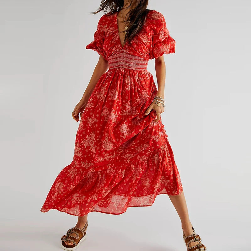 Chiffon Tiered Swing Deep V Neck Puff Sleeve Boho Dress Mssaz Desses