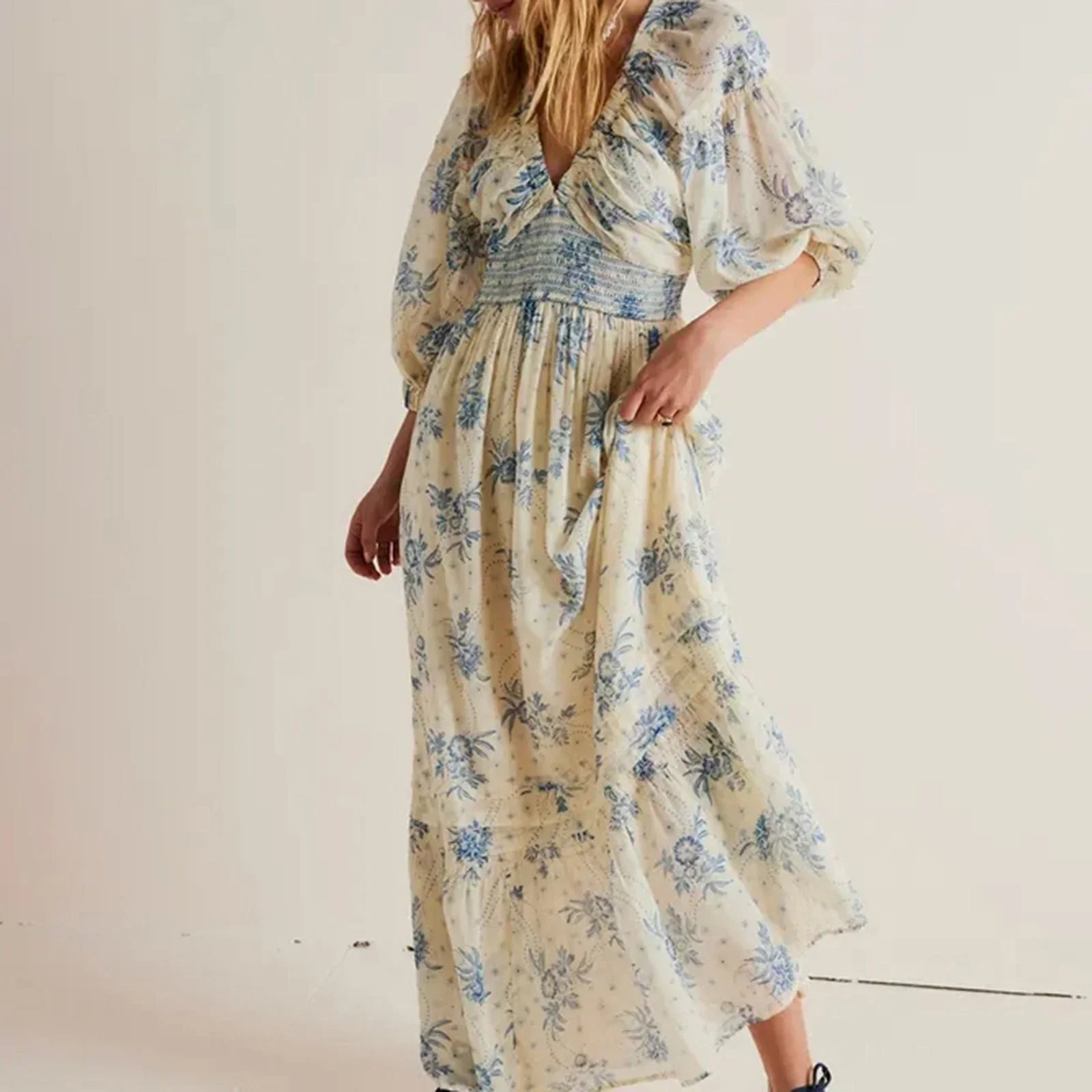 Chiffon Tiered Swing Deep V Neck Puff Sleeve Boho Dress Mssaz Desses