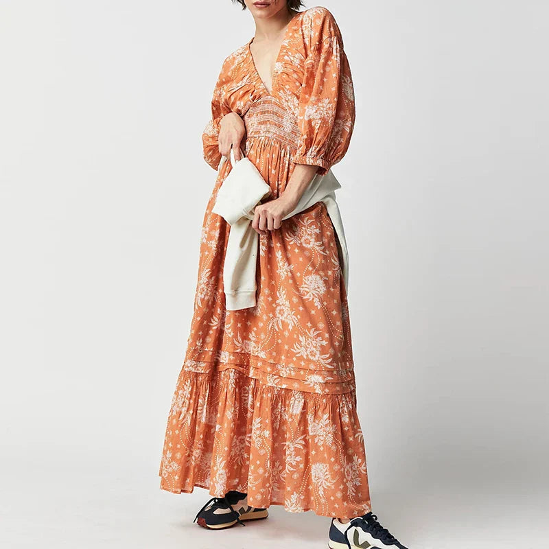 Chiffon Tiered Swing Deep V Neck Puff Sleeve Boho Dress Mssaz Desses