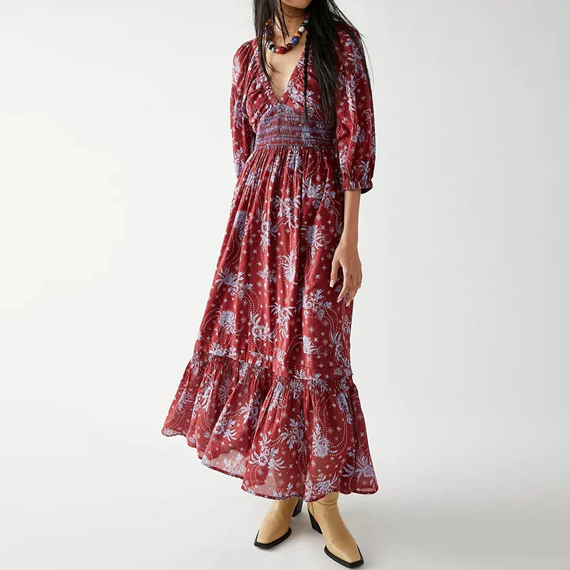 Chiffon Tiered Swing Deep V Neck Puff Sleeve Boho Dress Mssaz Desses