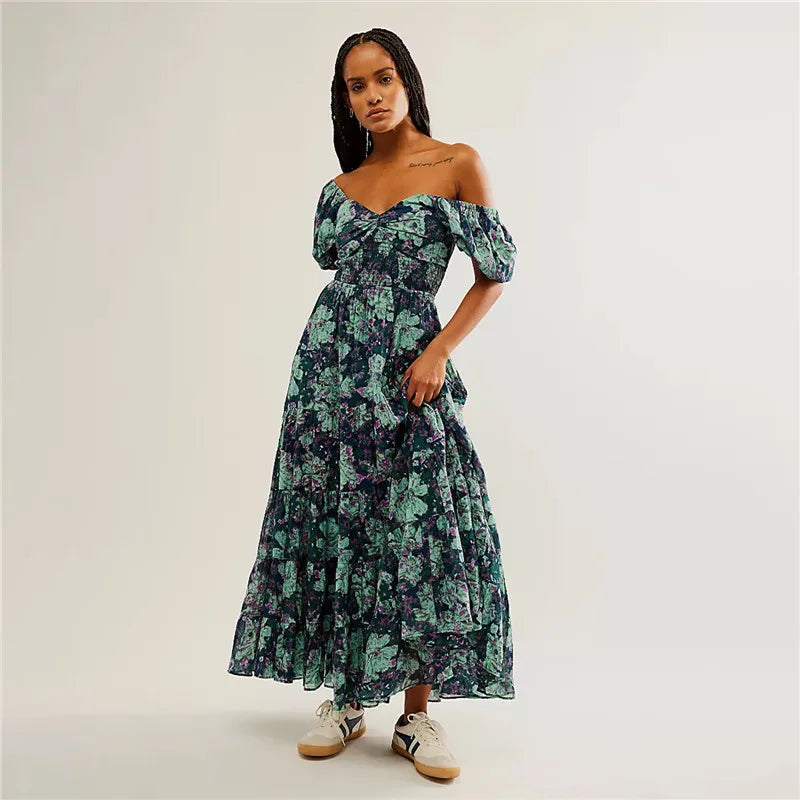 Waist A-Line Neck Tunic Short Puff Sleeve Floral Printed Maxi Boho Dress Mssaz Desses