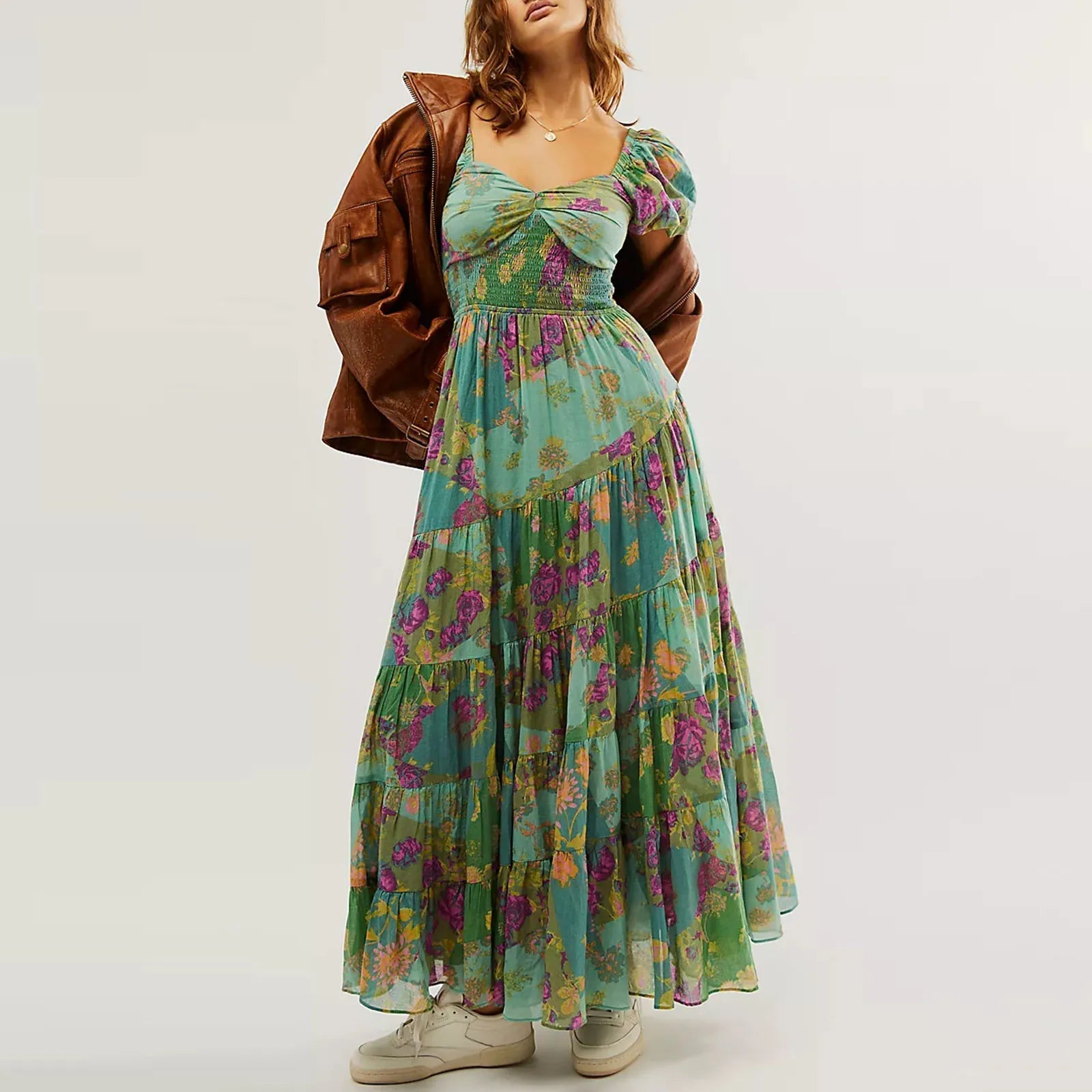 Waist A-Line Neck Tunic Short Puff Sleeve Floral Printed Maxi Boho Dress Mssaz Desses