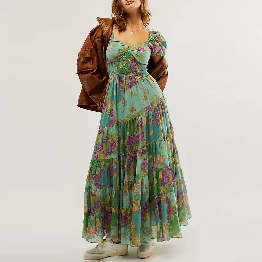 Waist A-Line Neck Tunic Short Puff Sleeve Floral Printed Maxi Boho Dress Mssaz Desses