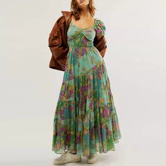 Waist A-Line Neck Tunic Short Puff Sleeve Floral Printed Maxi Boho Dress Mssaz Desses