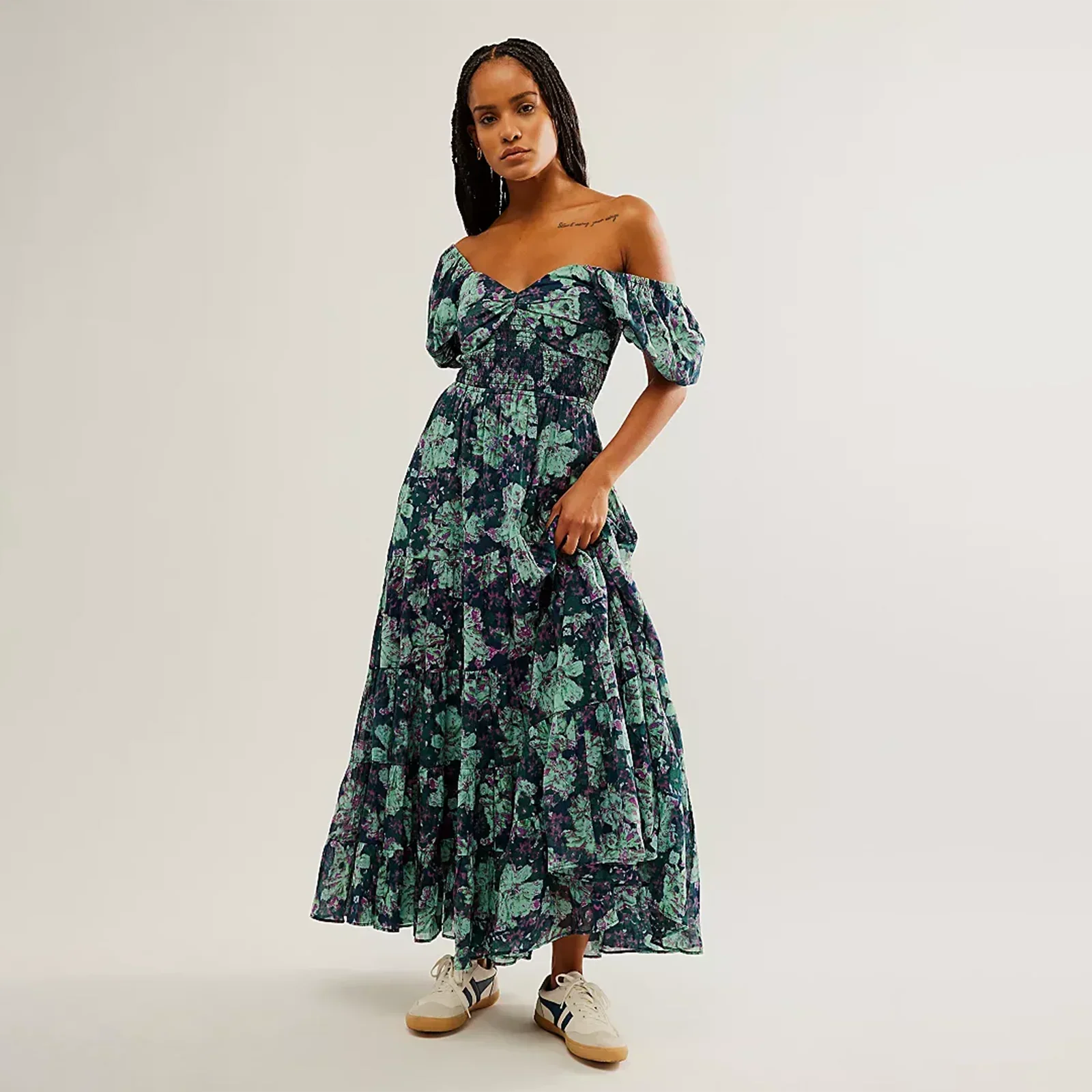 Waist A-Line Neck Tunic Short Puff Sleeve Floral Printed Maxi Boho Dress Mssaz Desses
