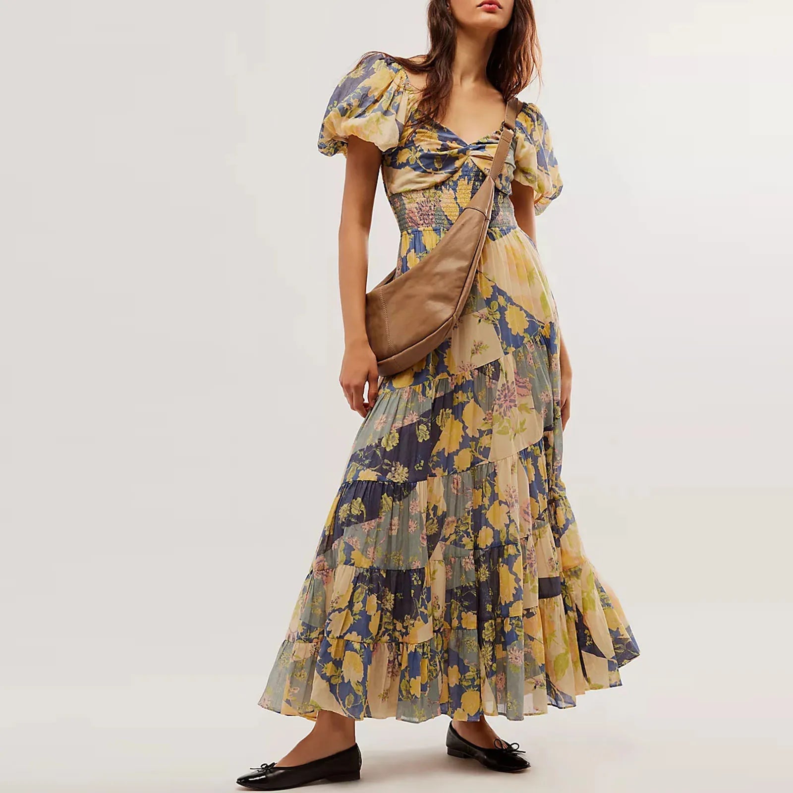 Waist A-Line Neck Tunic Short Puff Sleeve Floral Printed Maxi Boho Dress Mssaz Desses