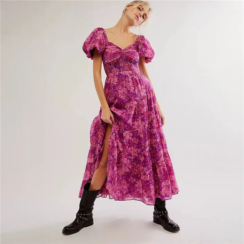 Waist A-Line Neck Tunic Short Puff Sleeve Floral Printed Maxi Boho Dress Mssaz Desses
