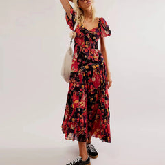 Waist A-Line Neck Tunic Short Puff Sleeve Floral Printed Maxi Boho Dress Mssaz Desses