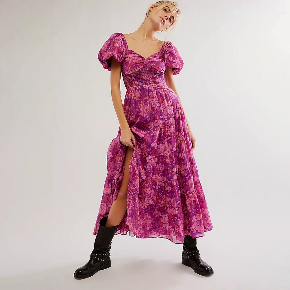 Waist A-Line Neck Tunic Short Puff Sleeve Floral Printed Maxi Boho Dress Mssaz Desses