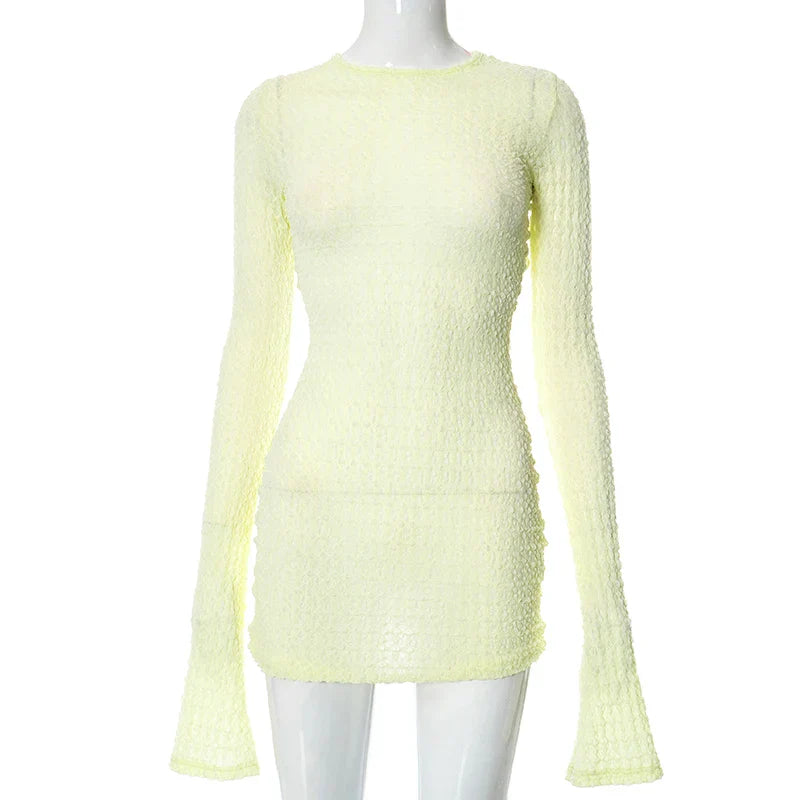 Sleeve Backless Solid Color Bodycon Round Neck See Through Beach Mini Dress Mssaz Desses