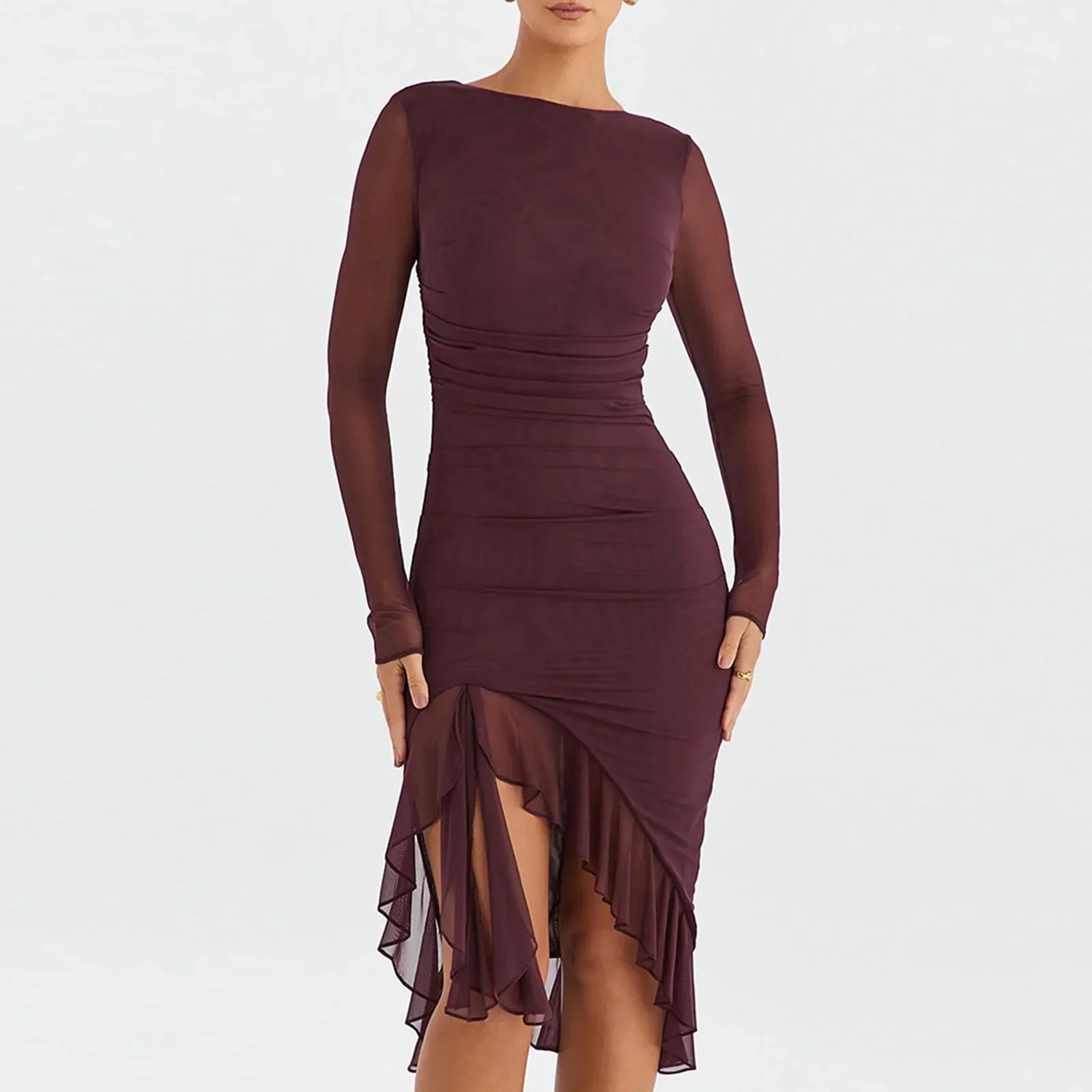 Hem Mermaid Bodycon Mesh Long Sleeve Tail Spring Fall Cocktail Elegant Vestidos Midi Dress Mssaz Desses