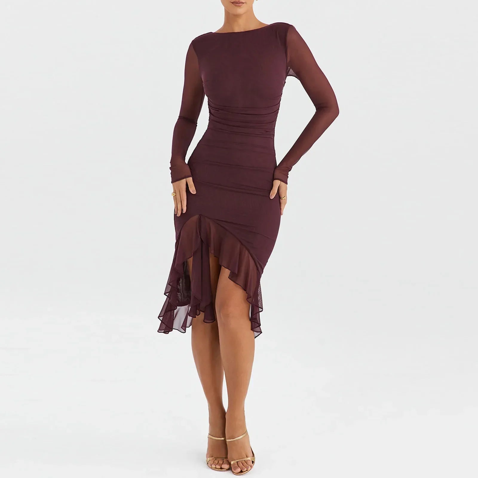 Hem Mermaid Bodycon Mesh Long Sleeve Tail Spring Fall Cocktail Elegant Vestidos Midi Dress Mssaz Desses