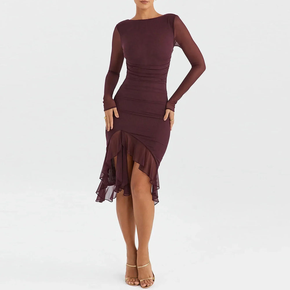 Hem Mermaid Bodycon Mesh Long Sleeve Tail Spring Fall Cocktail Elegant Vestidos Midi Dress Mssaz Desses