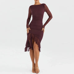 Hem Mermaid Bodycon Mesh Long Sleeve Tail Spring Fall Cocktail Elegant Vestidos Midi Dress Mssaz Desses