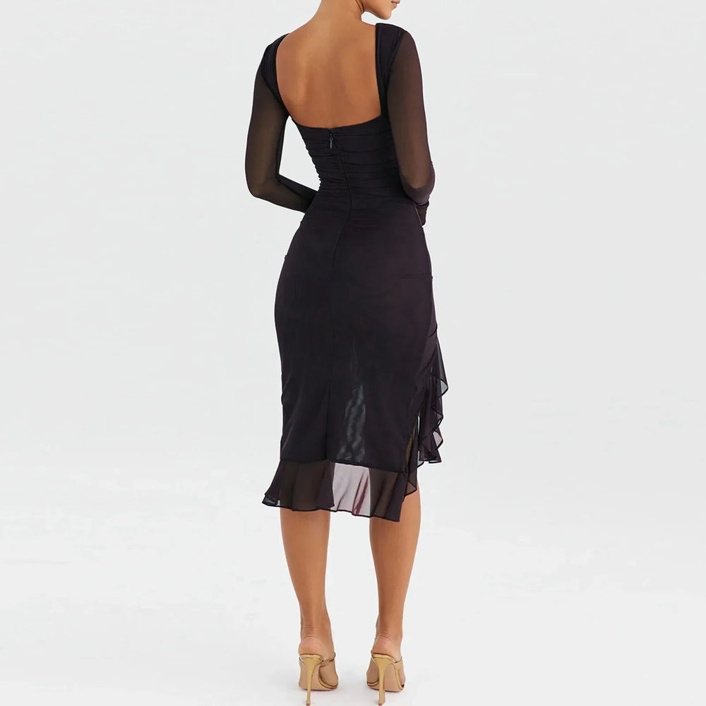 Hem Mermaid Bodycon Mesh Long Sleeve Tail Spring Fall Cocktail Elegant Vestidos Midi Dress Mssaz Desses