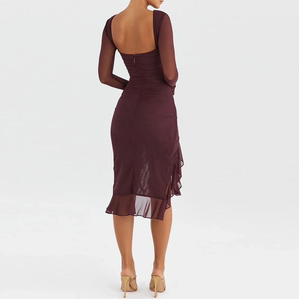 Hem Mermaid Bodycon Mesh Long Sleeve Tail Spring Fall Cocktail Elegant Vestidos Midi Dress Mssaz Desses