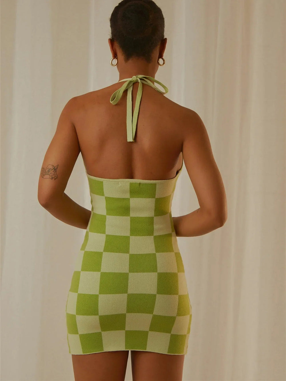 Sleeveless Checkerboard Print Backless Party Club Streetwear Mini Dress Mssaz Desses