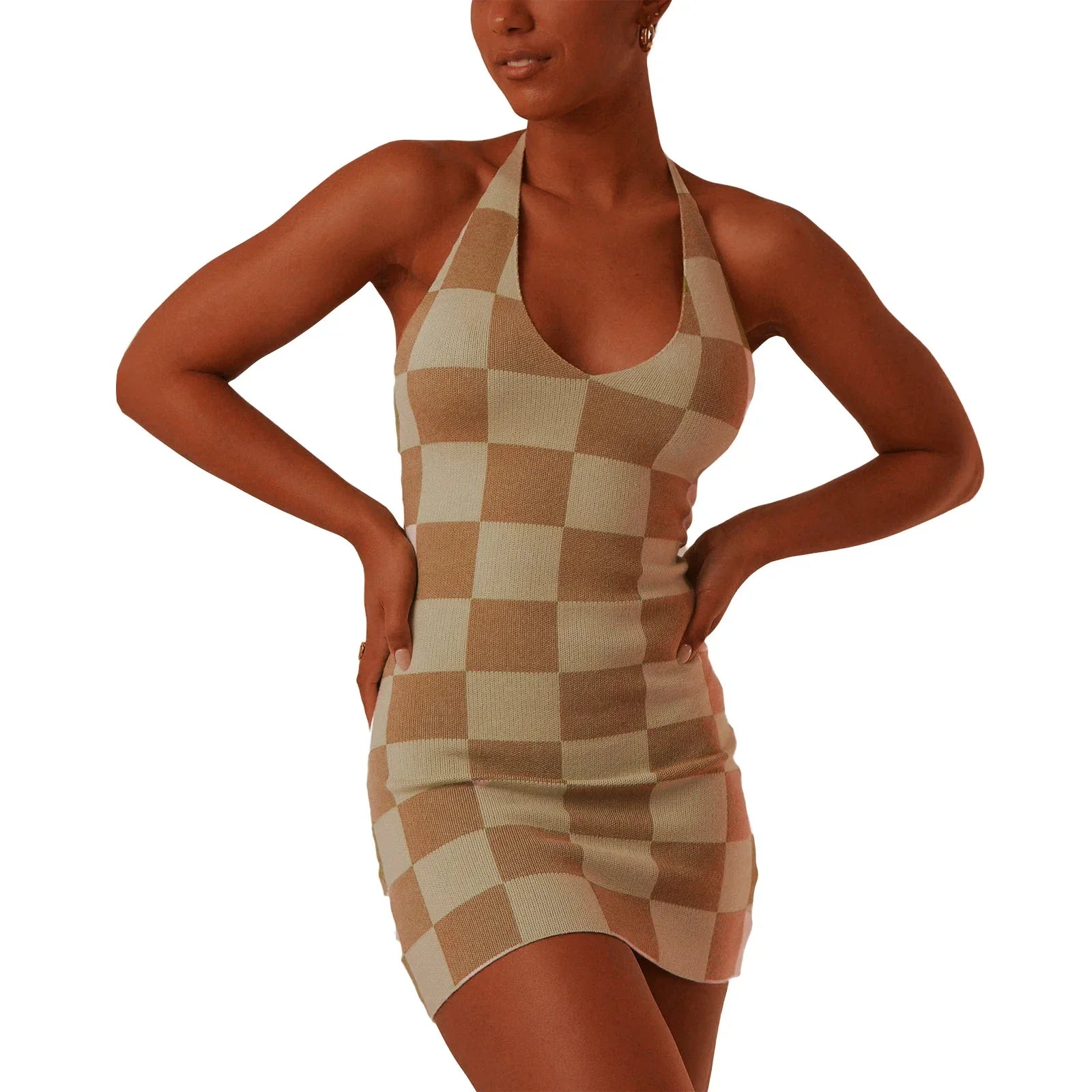 Sleeveless Checkerboard Print Backless Party Club Streetwear Mini Dress Mssaz Desses
