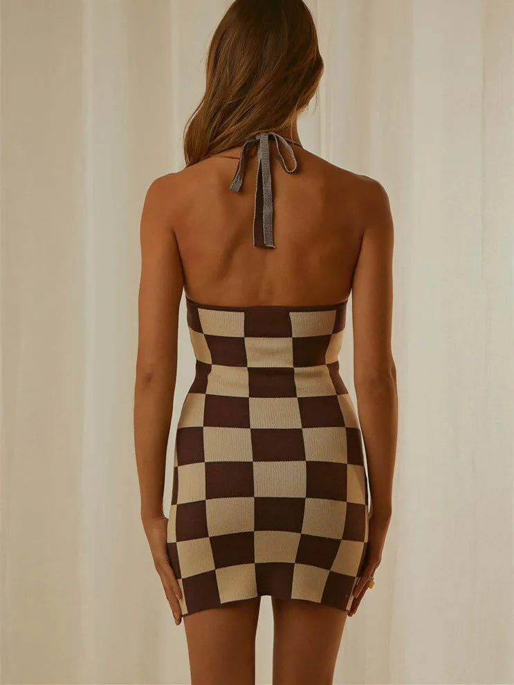 Sleeveless Checkerboard Print Backless Party Club Streetwear Mini Dress Mssaz Desses