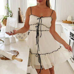 Spaghetti Strap Slip Tiered Tie Up Short Beach Vacation Mini Dress Mssaz Desses
