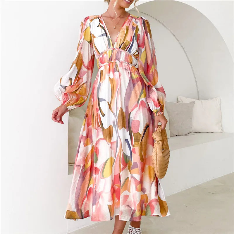 Spring Print V-Neck Long Sleeve A-line Holiday Boho Dress Mssaz Desses