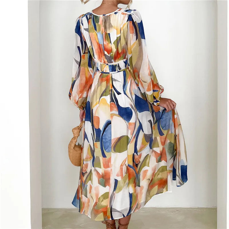 Spring Print V-Neck Long Sleeve A-line Holiday Boho Dress Mssaz Desses