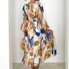Spring Print V-Neck Long Sleeve A-line Holiday Boho Dress Mssaz Desses
