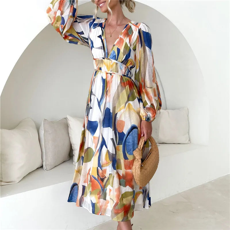Spring Print V-Neck Long Sleeve A-line Holiday Boho Dress Mssaz Desses